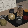 Clear Glass Spice Jars with Various Ingredients on Metal Tray Wooden Kitchen Tabletop