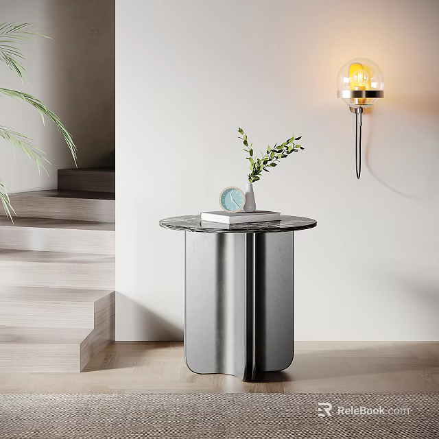 Stylish Modern Side Table With Metal Frame Round Top Green Plant And Decor 3d model 