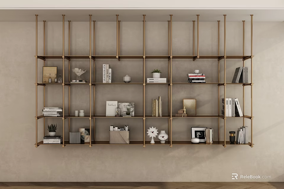 Modern Multi Tiered Brass Frame Shelving Unit For Storage With Books And Decorative Items 3d model 
