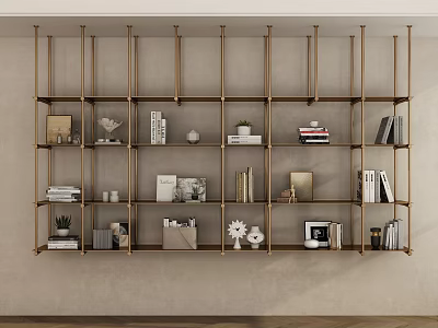 Modern Multi Tiered Brass Frame Shelving Unit For Storage With Books And Decorative Items 3d model