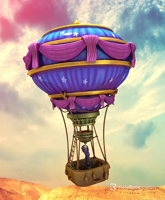 Purple Pink Inflatable Hot Air Balloon With Golden Trim Star Patterns And Sturdy Stand 3d model 