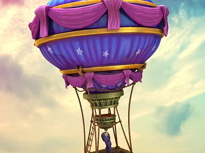 Purple Pink Inflatable Hot Air Balloon With Golden Trim Star Patterns And Sturdy Stand 3d model