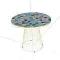 Pair of Stylish Round Side Tables With Colorful Mosaic Tabletops And Gold Metal Wire Bases