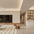 Modern Minimalist Cream Style Living And Dining Room With Cozy Ambient Lighting And Comfortable Furnishings
