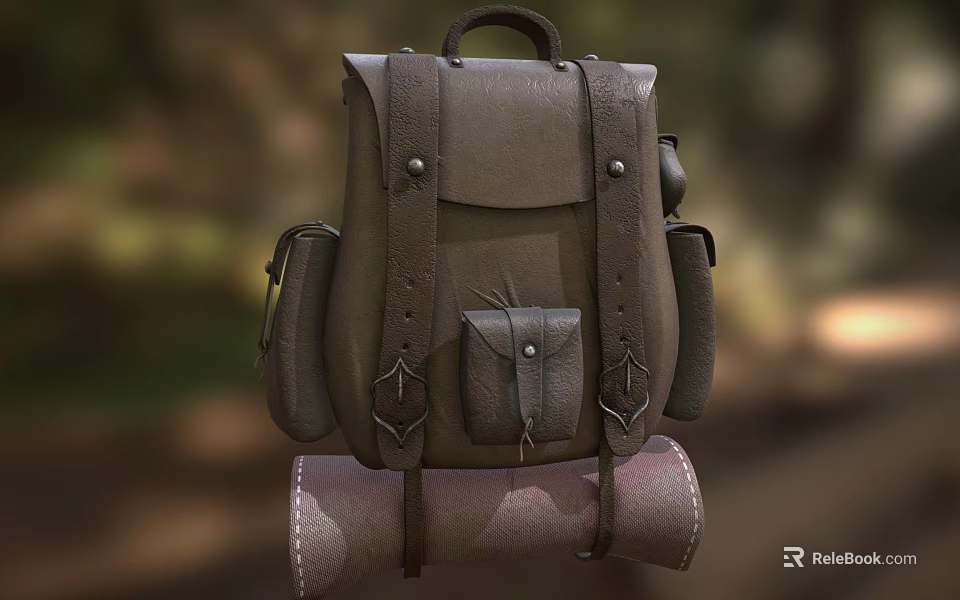 Vintage Brown Genuine Leather Backpack with Metal Buckles Multiple Pockets and Rolled Mat 3d model 