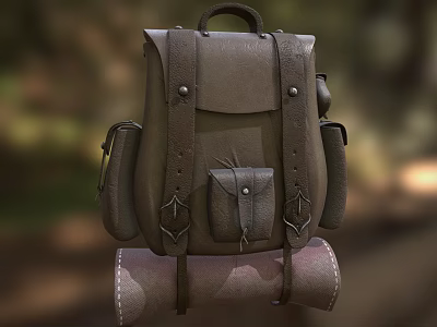 Vintage Brown Genuine Leather Backpack with Metal Buckles Multiple Pockets and Rolled Mat 3d model