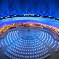 CENTEX Venue With Large Curved Screen Cityscape Blue Laser Beams White Seats Circular Arrangement