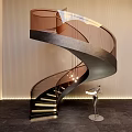 Modern Interior With Wooden Spiral Staircase Lighting Silver Sculpture Dark Flooring And Light Striped Walls