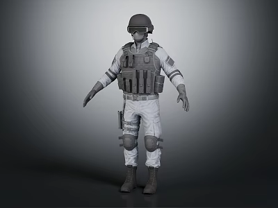 Tactical Character In White Uniform With Helmet Vest Knee Pads And Boots 3d model
