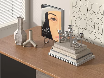 Decorative Ornament Set On Wooden Table With Books Metal Candle Holder Vases And Geometric Wallpaper 3d model