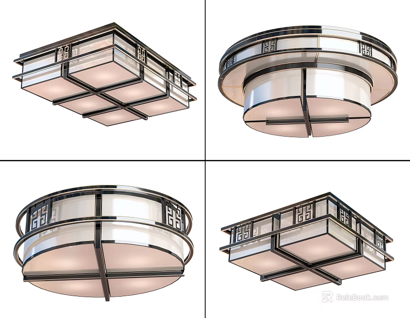 Modern Square And Round Ceiling Lights With Metal Frame And Glass Panel 3d model