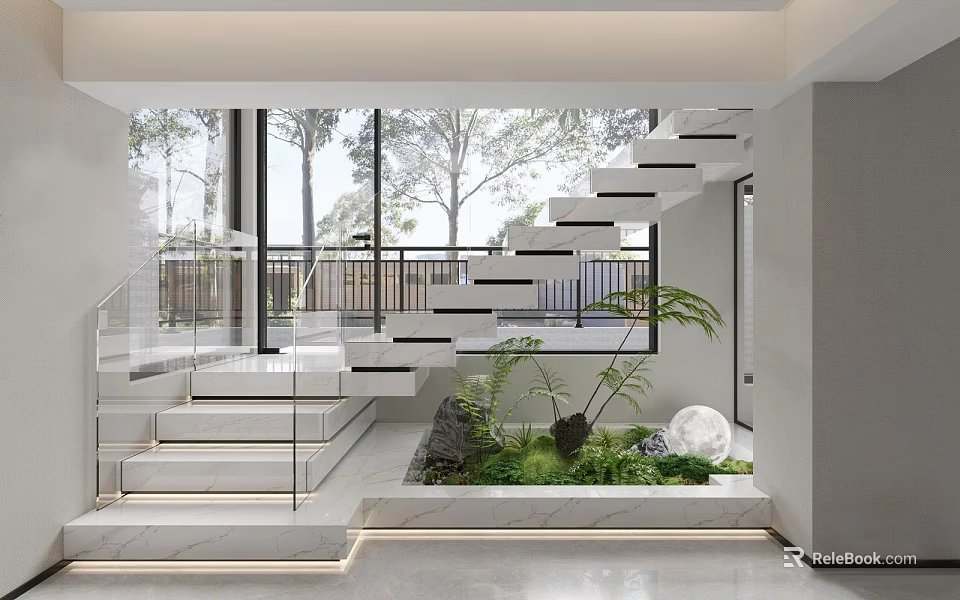 Modern Staircase With Glass Railing Marble Steps Indoor Garden Green Plants And Trees Outside 3d model 