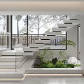 Modern Staircase With Glass Railing Marble Steps Indoor Garden Green Plants And Trees Outside