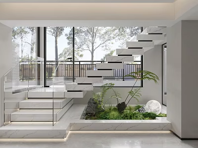 Modern Staircase With Glass Railing Marble Steps Indoor Garden Green Plants And Trees Outside 3d model