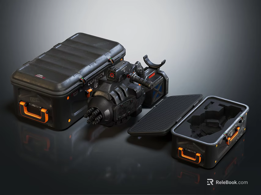 Black Hard Shell Equipment Cases With Orange Latches Open Closed And Textured Surface 3d model 