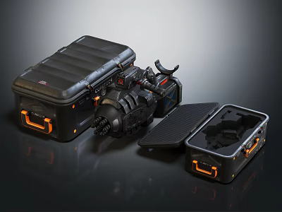 Black Hard Shell Equipment Cases With Orange Latches Open Closed And Textured Surface 3d model