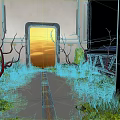 Futuristic Interior With Open Doorway Sunset Sky Red Branches And Pathway