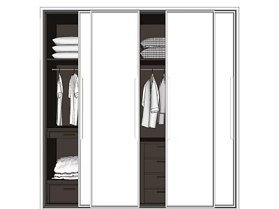 White Sliding Door Wardrobe Interior With Hanging Clothes Folded Items And Drawers 3d model