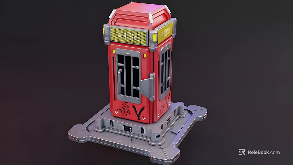 Red Phone Booth 3D Model With Gray Base Phone Sign Doors And Windows 3d model 