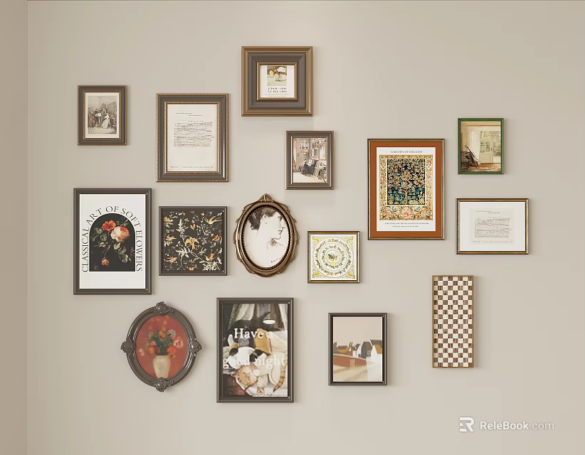 Photo Wall Displaying Various Decorative Framed Artworks In Different Shapes And Styles 3d model 