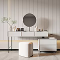 Modern Dressing Table Interior With White Countertop Round Mirror Cosmetics Vase And White Stool 3d model