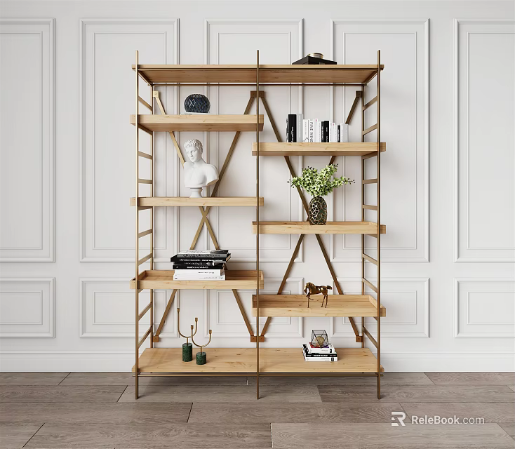 Stylish Wooden Shelving Unit With Books Decorative Statue Green Plant Against White Wall Wooden Floor 3d model 
