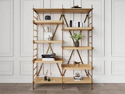Stylish Wooden Shelving Unit With Books Decorative Statue Green Plant Against White Wall Wooden Floor 3d model