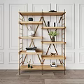 Stylish Wooden Shelving Unit With Books Decorative Statue Green Plant Against White Wall Wooden Floor