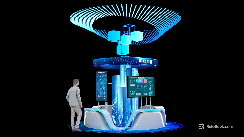 Futuristic Exhibition Island With Blue Illuminated Ring Structure And Digital Displays 3d model 