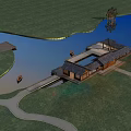 Scenic Wooden House with Pavilion and Pier by Calm Water and Boat Reflection
