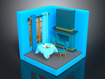 Modern Blue Living Room Furniture With Table Chairs Fireplace Curtains And Window Design 3d model