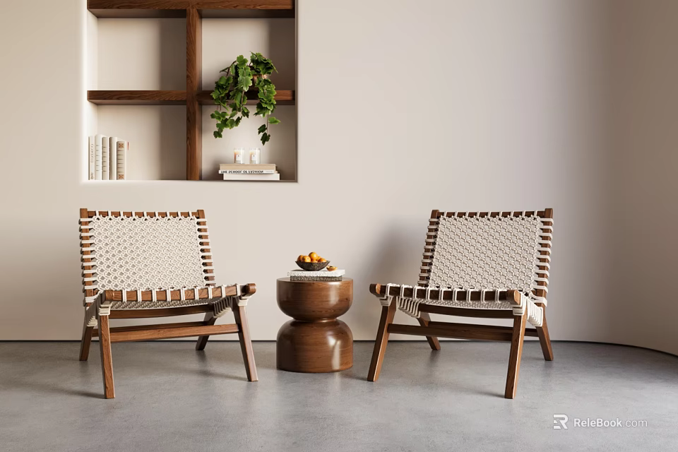 Leisure Chairs With Woven Rope Wooden Frame Small Round Table Green Plant And Books 3d model 