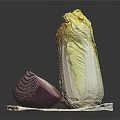 Fresh Whole Chinese Cabbage and Half Sliced Red Onion on White Paper Towel
