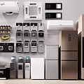 Modern Kitchen Appliances Collection Featuring Refrigerator Oven Microwave And Coffee Maker