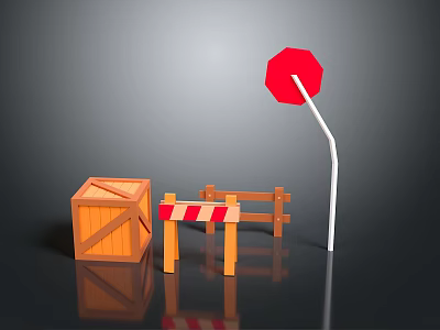 Wooden Crate and Striped Barricade with Red Octagonal Sign Decor Items 3d model