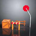 Wooden Crate and Striped Barricade with Red Octagonal Sign Decor Items