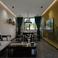 Elegant Tea House Corridor Interior With Gray Walls Decorative Paintings Round Mirror And Lighting Strips