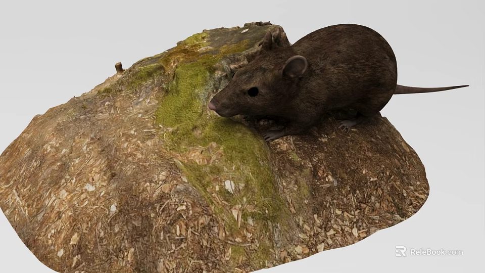 Realistic Animal Decorative Ornament Set with Brown Mouse Green Moss and Dry Grass on Rock 3d model 