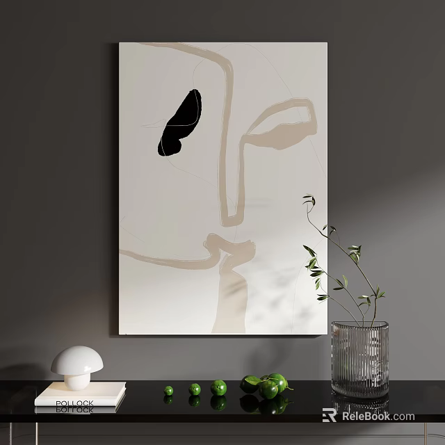 Abstract Painting With Minimalist Lines And Black Accent On Wall 3d model 