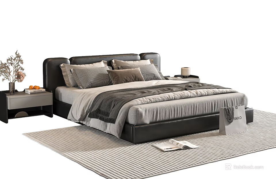 Modern Double Bed with Black Leather Headboard Grey Pillows Blanket Nightstands Striped Rug Open Book 3d model 