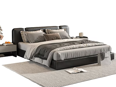 Modern Double Bed with Black Leather Headboard Grey Pillows Blanket Nightstands Striped Rug Open Book 3d model