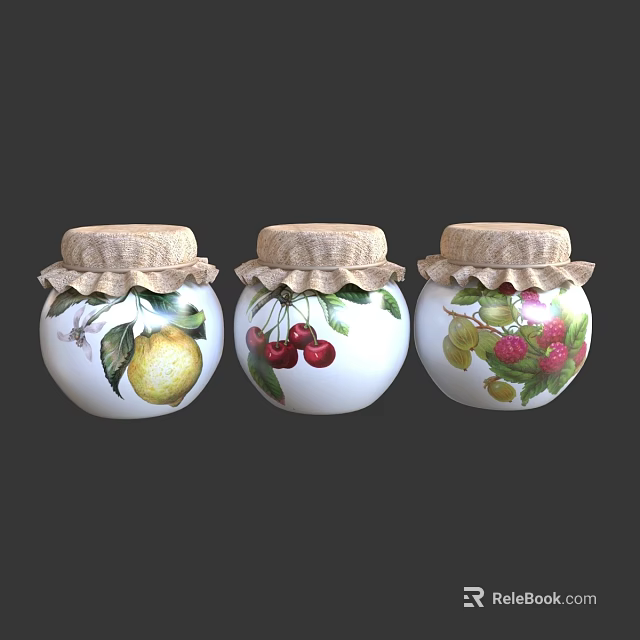 Decorative Ceramic Jars With Fruit Designs And Burlap Lids For Home Decor 3d model 