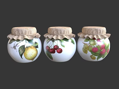 Decorative Ceramic Jars With Fruit Designs And Burlap Lids For Home Decor 3d model