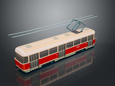 Cream And Red Tram 3D Model With Pantograph Overhead Wires Windows And Doors 3d model