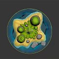 Adorable Cartoon Floating Island Scene with Green Lighthouse Lush Plants Stones Blue Water and Glowing Particles