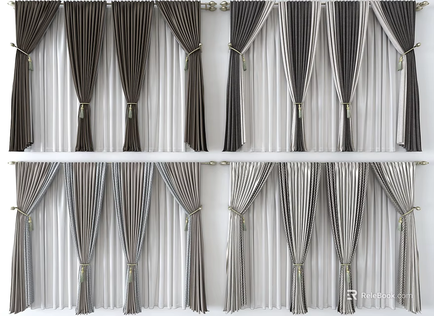 Elegant Gray and White Striped Curtains with Tiebacks for Home Window Decor 3d model