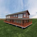 Two Story Detached Villa With Red Exterior Large Windows And Green Lawn Porch