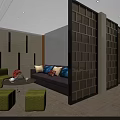 Modern Lounge Area Interior With Sofa Green Chairs Coffee Table And Bookshelf Partition