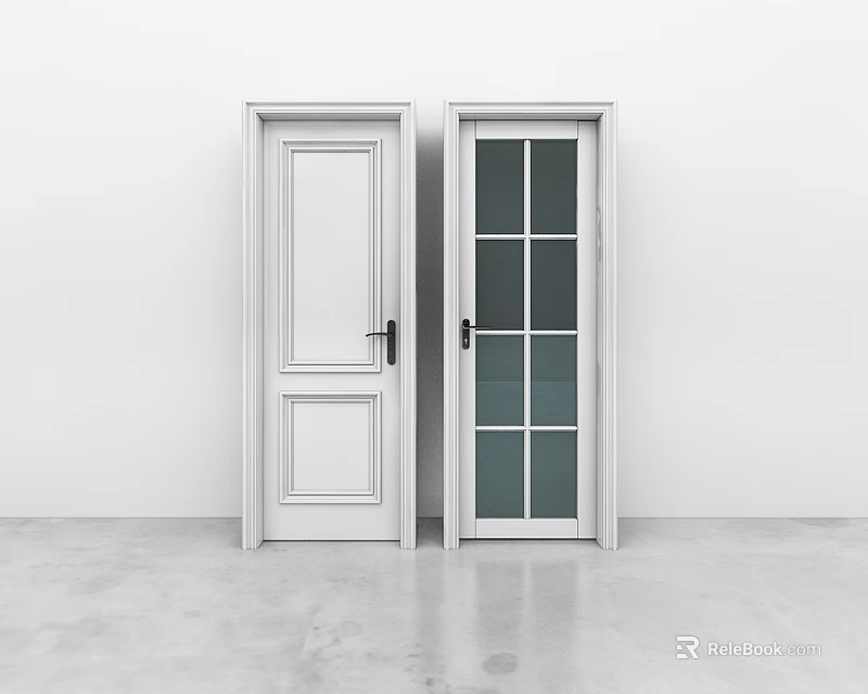 White Interior Doors With Solid Panel And Glass Grid Design Features 3d model 