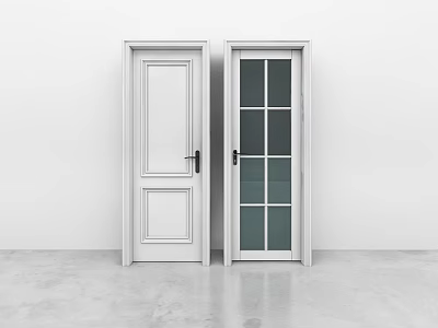 White Interior Doors With Solid Panel And Glass Grid Design Features 3d model